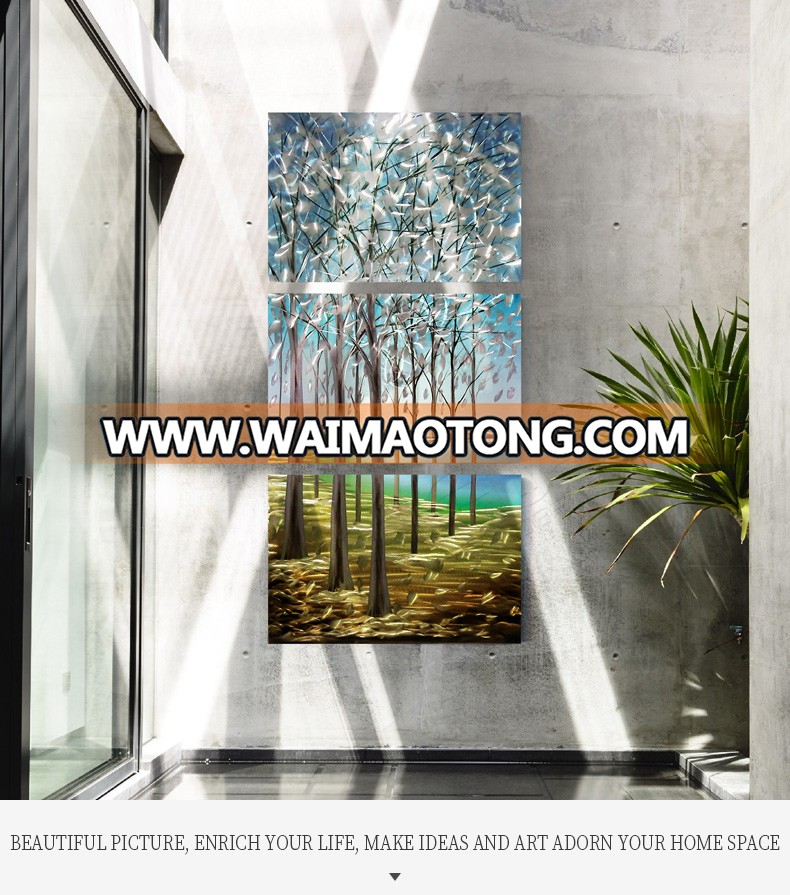 Tree Metal Wall Art Green Forest Landscape Picture 3 Pieces  Painting for Living Room Bedroom Office Decoration