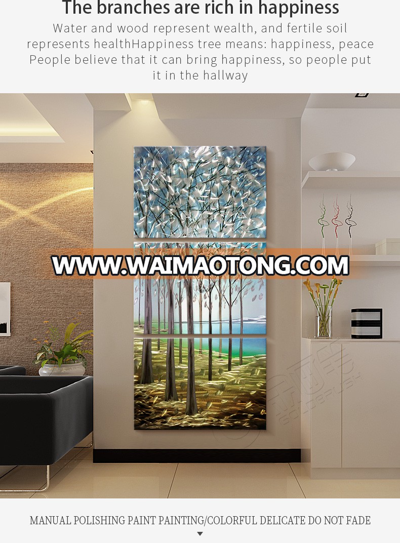 Tree Metal Wall Art Green Forest Landscape Picture 3 Pieces  Painting for Living Room Bedroom Office Decoration