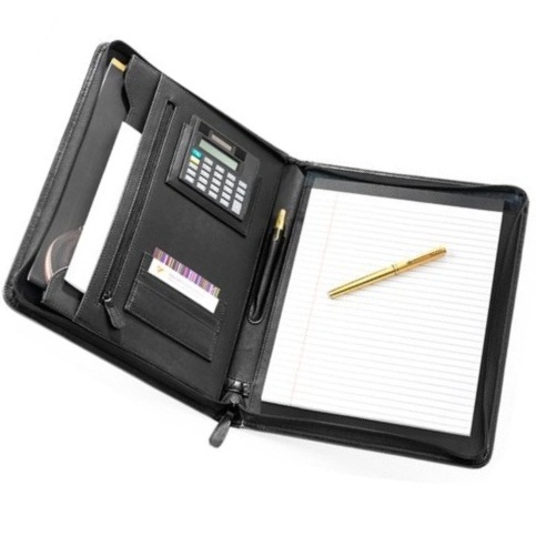 Genuine Leather Portfolio Padfolio, Conference Folder Executive Business Padfolio Data Case with Calculator and Writing Pad