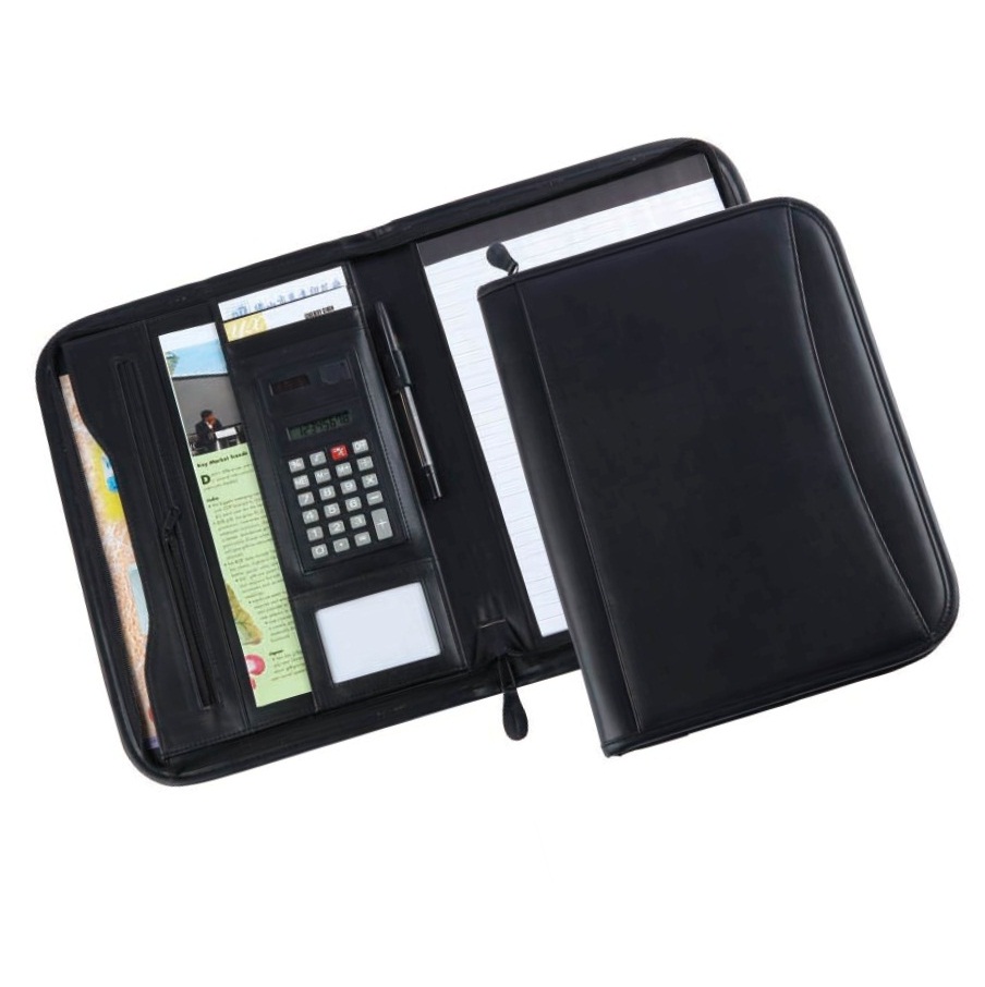 Genuine Leather Portfolio Padfolio, Conference Folder Executive Business Padfolio Data Case with Calculator and Writing Pad