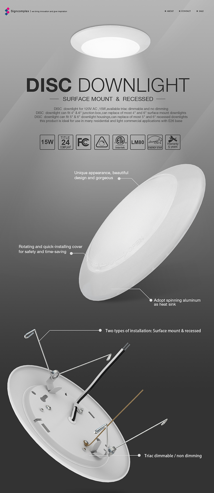 15W 120V AC Dimmable LED Lights Recessed Downlight Surface Mounted LED Light LED Downlight