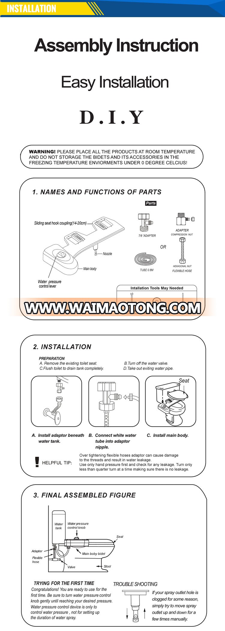 Adaptable Non Electric Manual Lavatory Plastic Manual Toilet Seat Bidet