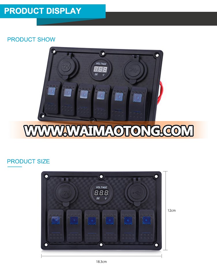 Hot 12V 24V 6 Gang Led Light Marine Rocker Switch Panel With USB Charger