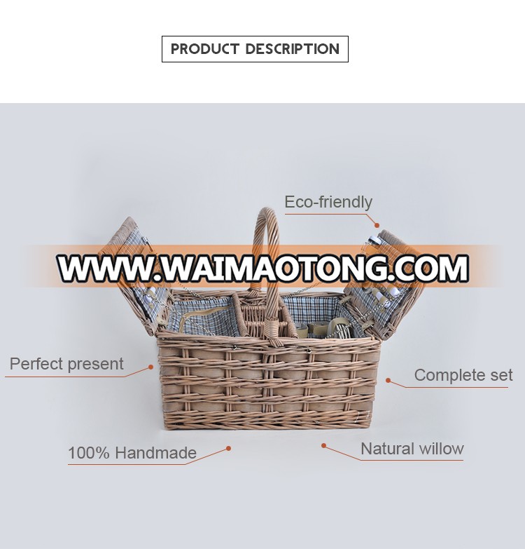 Cheap handicraft custom wood willow wicker picnic basket for 4