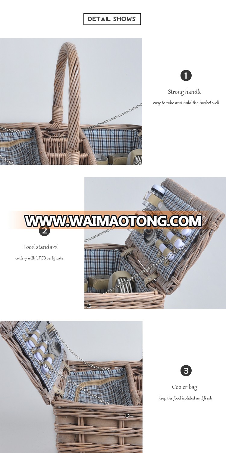 Cheap handicraft custom wood willow wicker picnic basket for 4