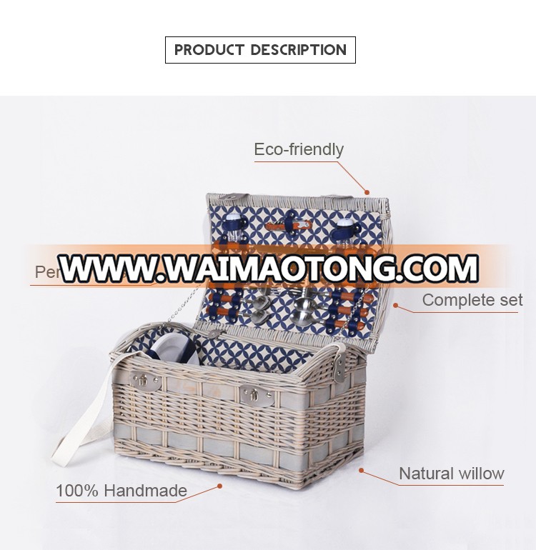 Fabric liners cheap handmade craft food cooler hampers blanket grey rattan wicker willow storage picnic basket set for 4 person