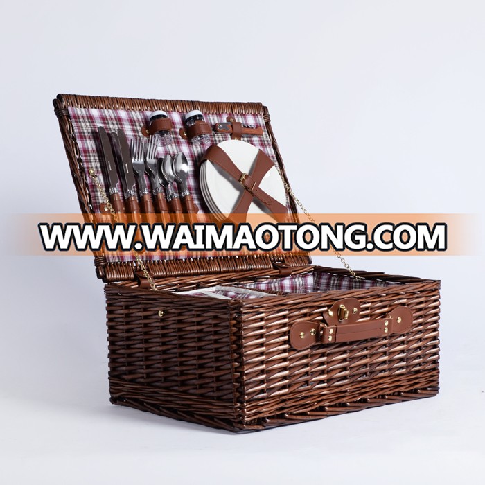 Fabric liners cheap handmade craft food cooler hampers blanket grey rattan wicker willow storage picnic basket set for 4 person