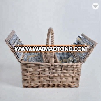 Fabric liners cheap handmade craft food cooler hampers blanket grey rattan wicker willow storage picnic basket set for 4 person