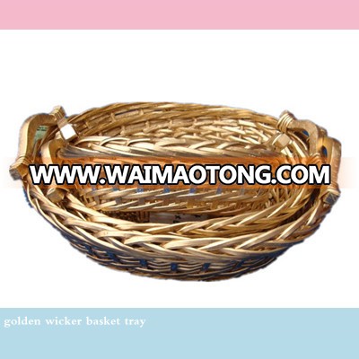 S/3 handmade golden color displaying wicker basket with wooden handle