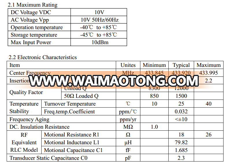 New product 3.2*2.5mm SMD 433.92 MHz SAW Resonator Filter