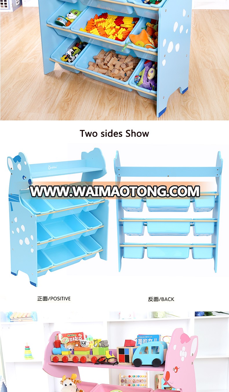 2017 new cartoon design toy storage shelf MDF wood giraffe toy shelf with bins