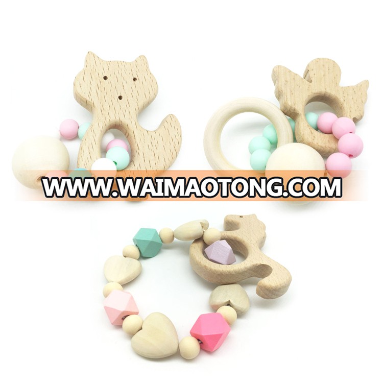 CE Certificate 100% Food Grade Custom Logo Wood Teether Toys Baby Teether Wooden Teething Ring