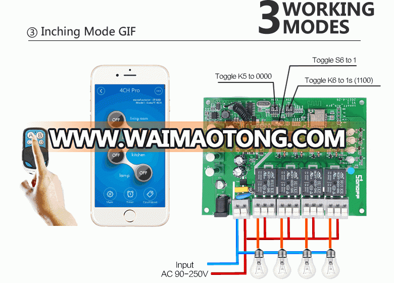 4 Gang Inching Self-Locking Interlock WiFi RF Smart Switch named 4CH Sonoff Pro