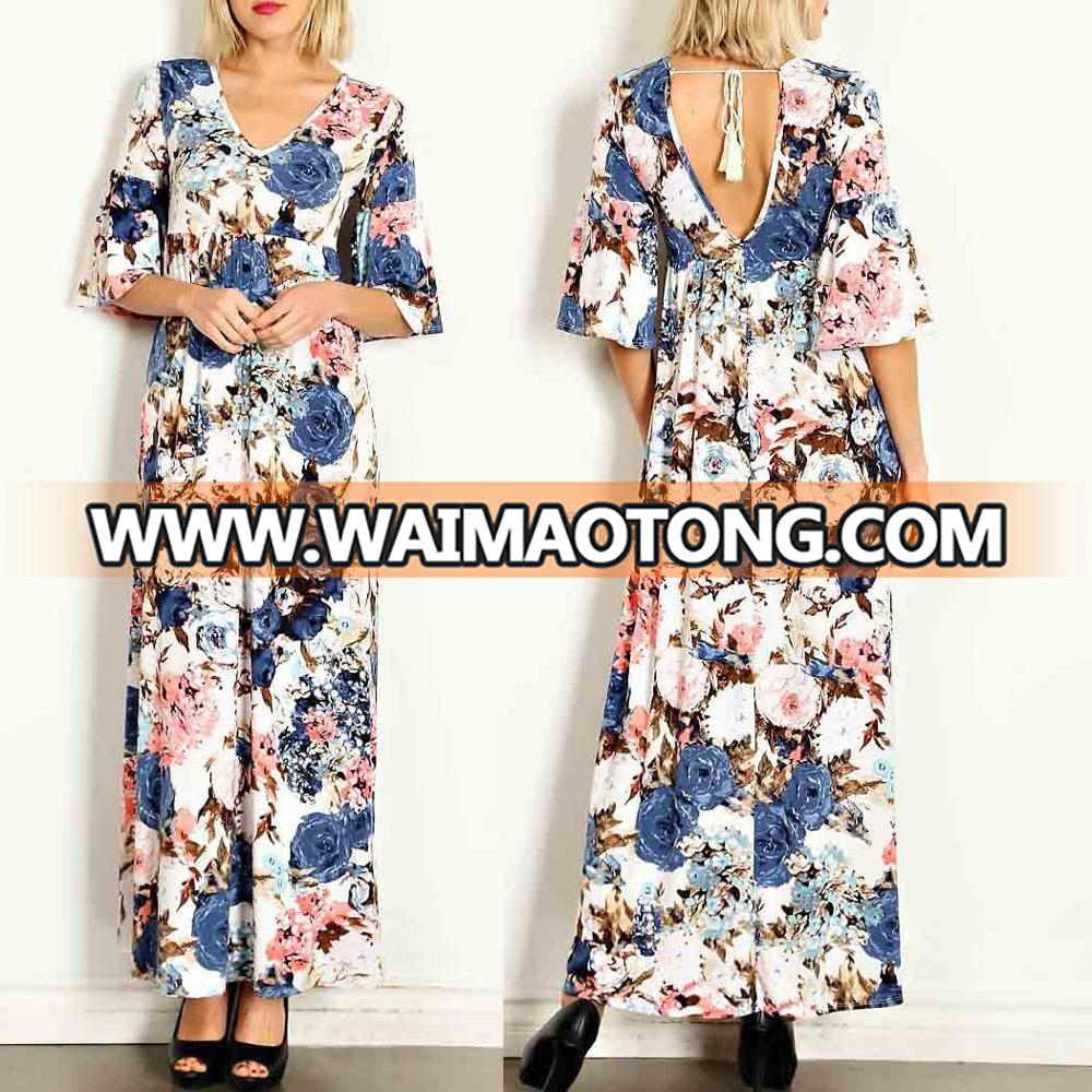 Occasion Dresses FLORAL PRINT JERSEY KNIT BELL SLEEVES MAXI DRESS Latest design muslim dress