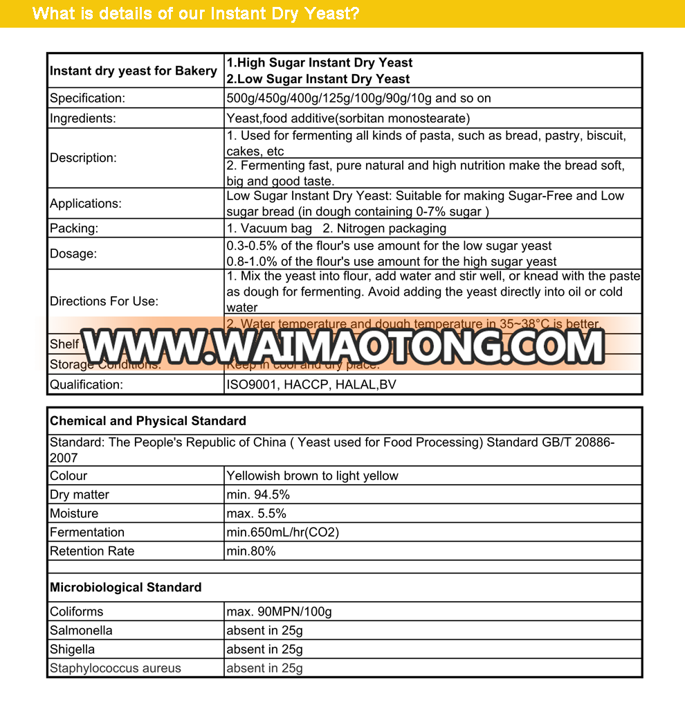 BV/HACCP/HALAL certificated 10g low sugar bakery active instant dry yeast manufacturer