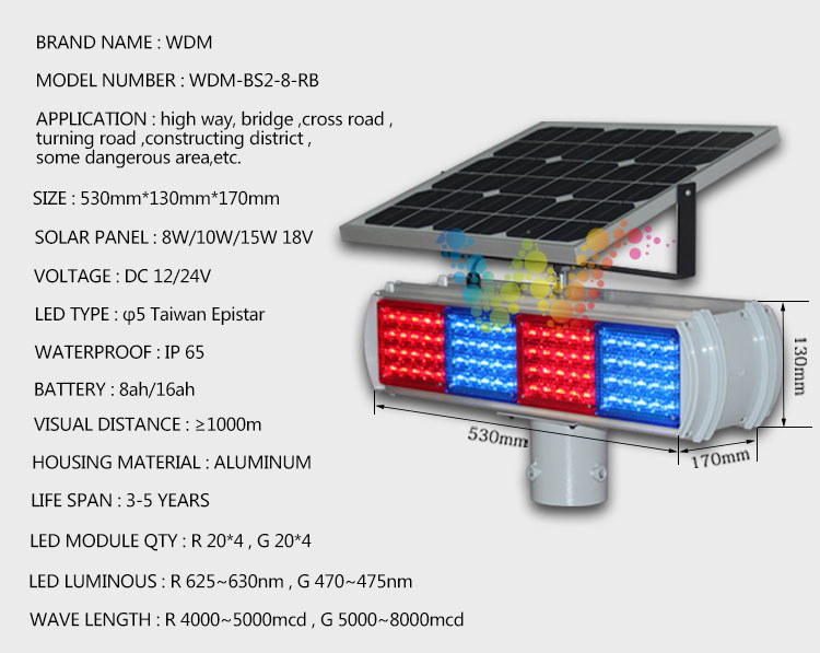 Dual Sides Red Blue Module Traffic Warning Solar Flasing Light