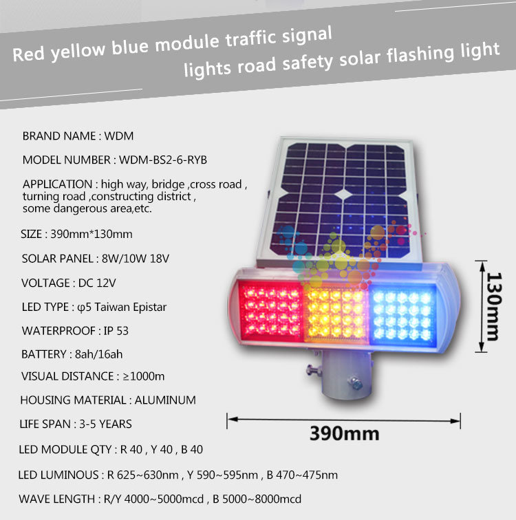 Solar Powered Red Amber Blue Safety Warning Flashing Light