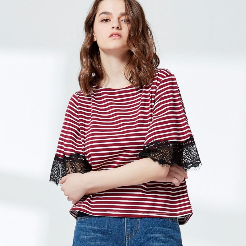 Fashion Coloured Striped Single Jersey T-Shirt with Lace