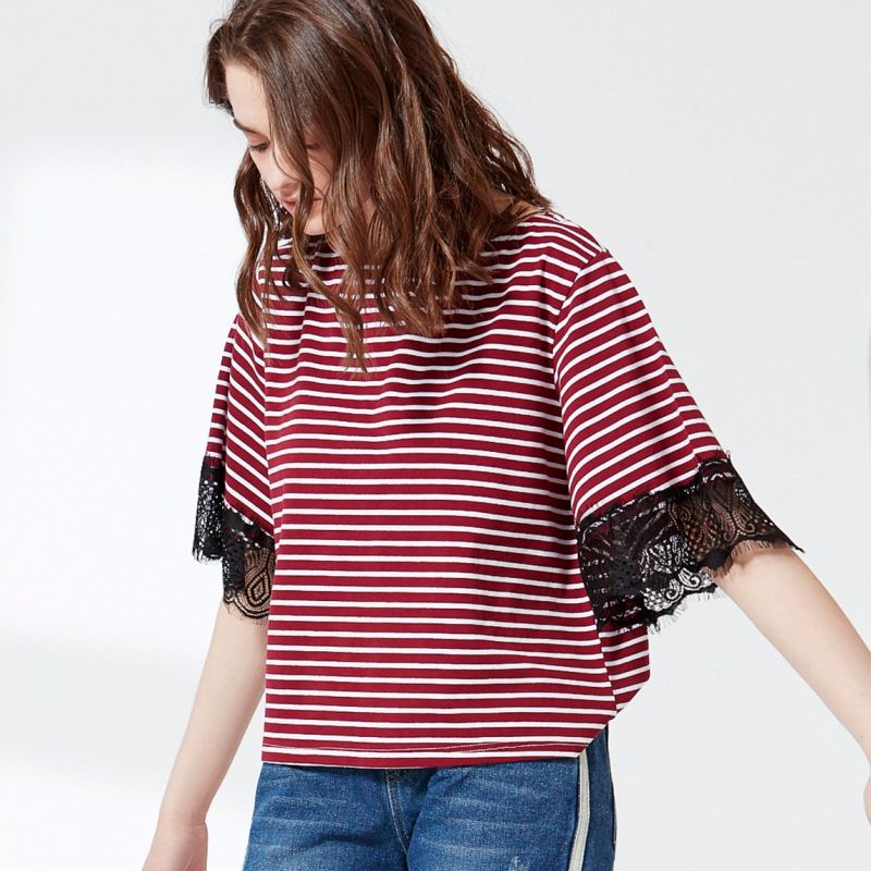 Fashion Coloured Striped Single Jersey T-Shirt with Lace