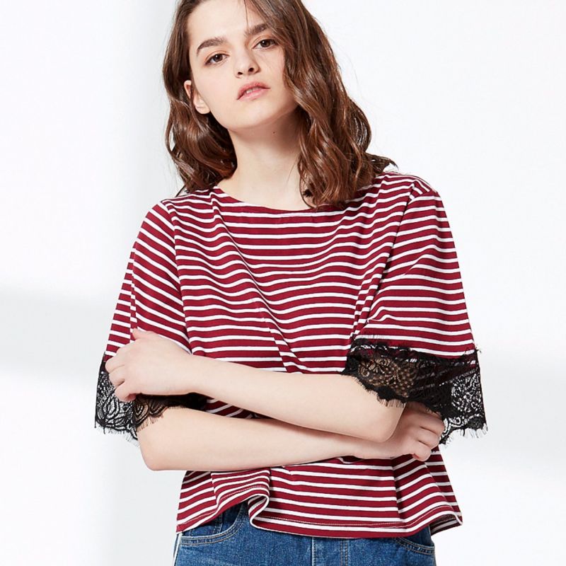 Fashion Coloured Striped Single Jersey T-Shirt with Lace