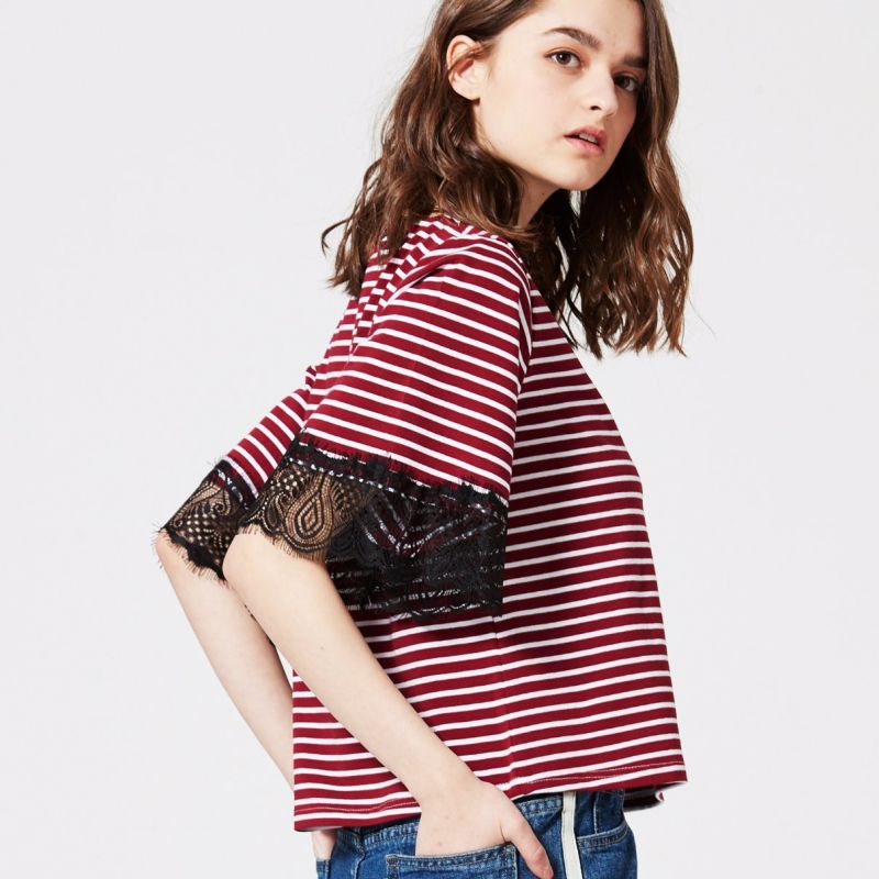 Fashion Coloured Striped Single Jersey T-Shirt with Lace