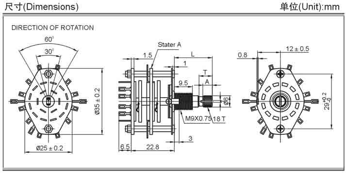 Hot Sale 25mm Solder Lug Type Rotary Route Switch