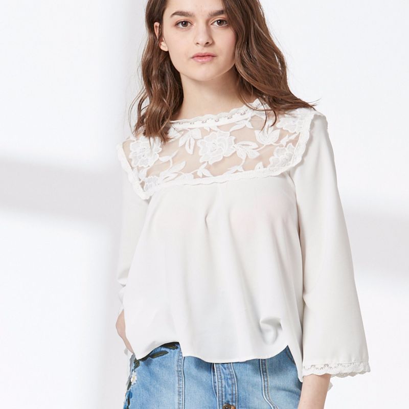 Ladies High Fashion Embroidery Lace Chiffon Blouse