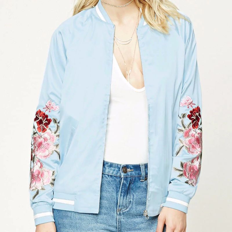 Ladies Fashion Rose Embroidery Satin Short Jacket Blouse