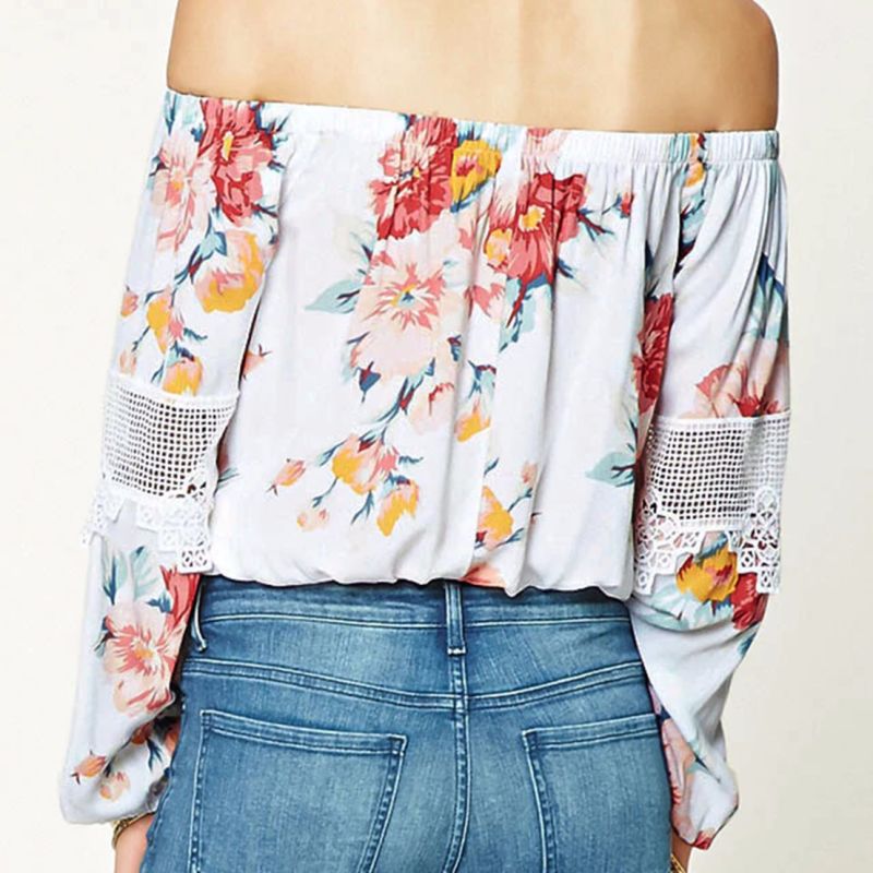 Ladies Fashion Flower Printed Chiffon V-Neck off Shoulder Blouse