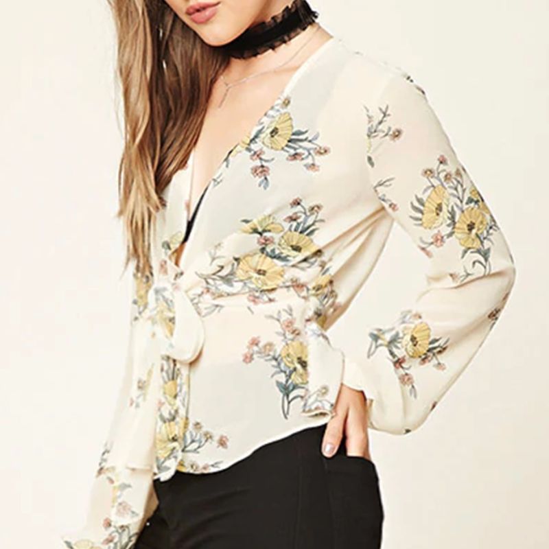 Ladies Fashion Chiffon Floral Print Back Split Bandage Blouse