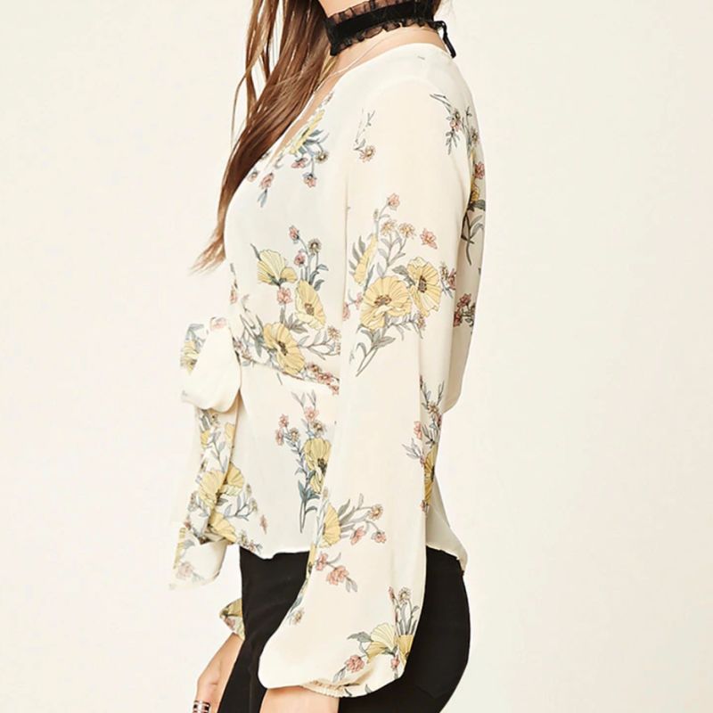 Ladies Fashion Chiffon Floral Print Back Split Bandage Blouse