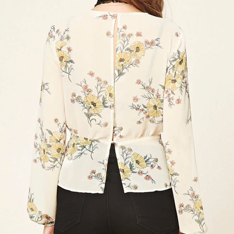 Ladies Fashion Chiffon Floral Print Back Split Bandage Blouse