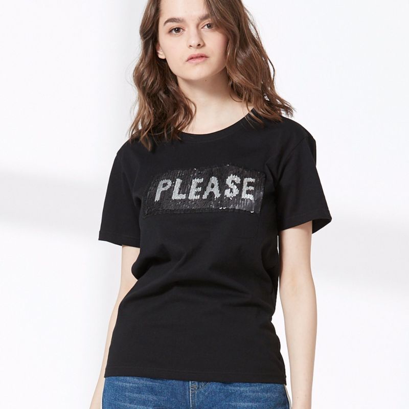 Ladies Fashion Leisure Embroidery Sequins Letter Jersey T-Shirt