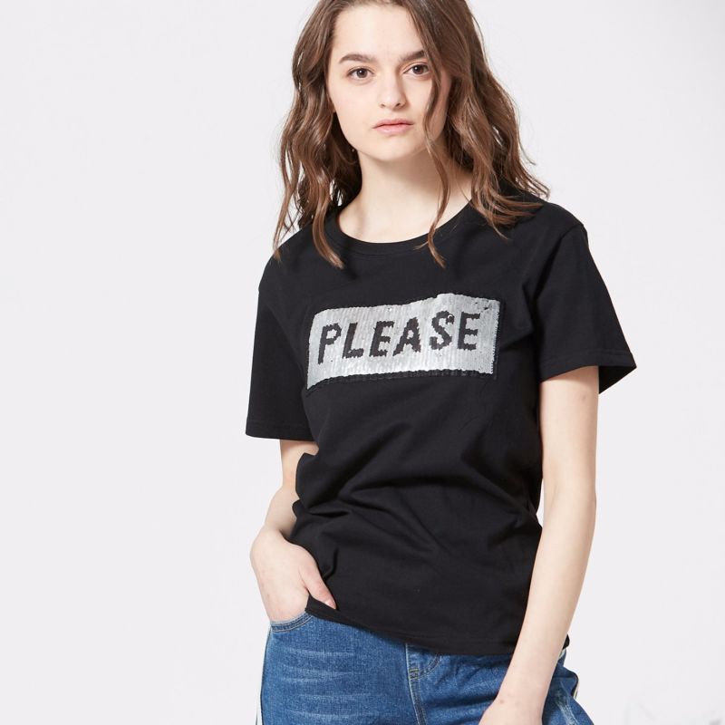 Ladies Fashion Leisure Embroidery Sequins Letter Jersey T-Shirt